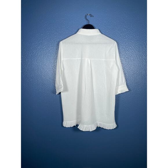 Women's White Shirt Medium Button-Up Ruffled Hi/Low Hem Summer Casual - Picture 2 of 4